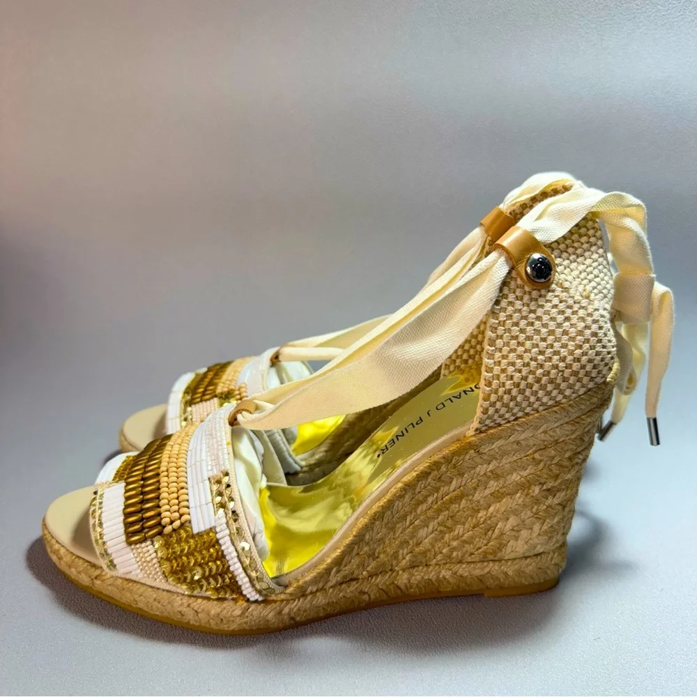 Donald J. Pliner New Elsa Cream and Gold Beaded Wedge Espadrille Sandles